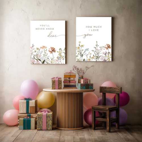 Children’s Day Framed Canvas Wall Art Print Set of 2, You’ll Never Know Dear How Much I Love You, Neutral Botanical Quote Art for Girls Room