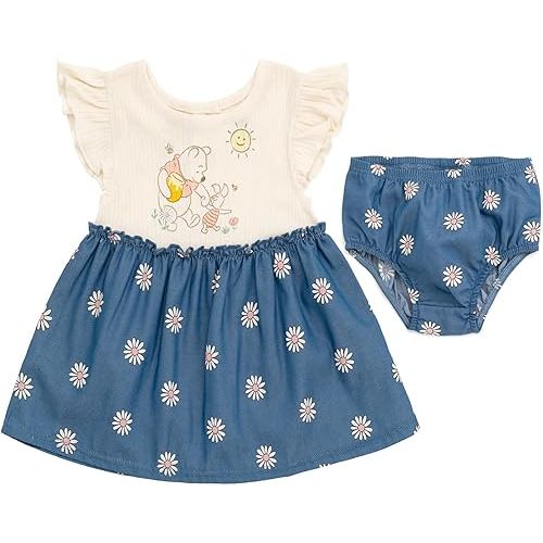 Disney Winnie The Pooh Floral Baby Girls Chambray Dress and Diaper Cover Outfit Set Newborn to Infant