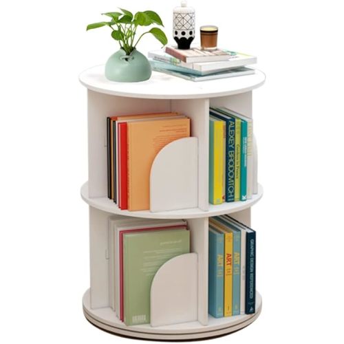 2 Layers 360° Rotating Bookshelves, Freestanding Storage Shelf, Open Bookcase Nordic Style Bookshelf Organizer Storage Shelves Shelf Capacity 100k Place Books Small Potted Decorations (White)