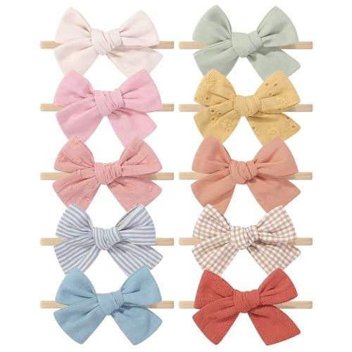 doboi 10PCS Baby Girls Headbands Hair Bows Nylon Cotton Linen Hairbands Handmade Hair Accessories for Newborn Infant Toddlers Little Girl and Kids 3.5Inches