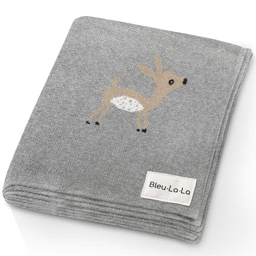 Bleu La La Knit Baby Swaddle Blanket - 100% Cotton Soft Cozy Receiving Swaddling Crib Stroller Quilt Blanket for Shower Gift Registry for Newborns, Infants, Toddlers, Unisex (Deer - Grey)