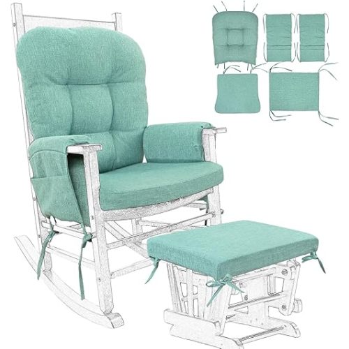 BUYUE Glider Rocker Replacement Cushion 5 PCS with Ties, Linen High-Density Foam Non-Slip & Washable Rocking Chair Pads for Sitting, Light Green
