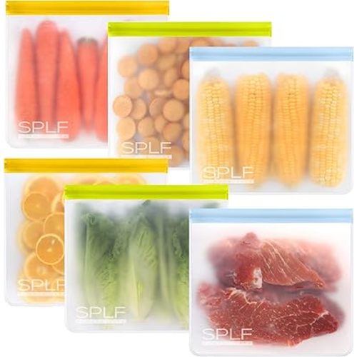 SPLF 6 Pack Reusable Gallon Freezer Bags Dishwasher Safe, BPA Free 1 gallon Leakproof Silicone and Plastic Free Food Storage Bags for Meal Prep, Fruits, Sandwich, Snack, Travel Items - Muticolor