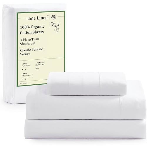 LANE LINEN 100% Organic Cotton Twin Sheets Set, 3Pc Twin Bed Sheets, Soft & Comfy Breathable Cotton Percale Sheets for Twin Size Bed, Dorm Room Essentials Low Pill Fade Resistant White Sheets