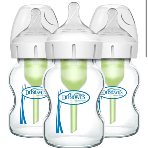 Dr. Brown's Natural Flow Anti-Colic Options+ Wide-Neck Glass Baby Bottles 5 oz/150 mL, with Level 1 Slow Flow Nipple, 3 Pack, 0m+