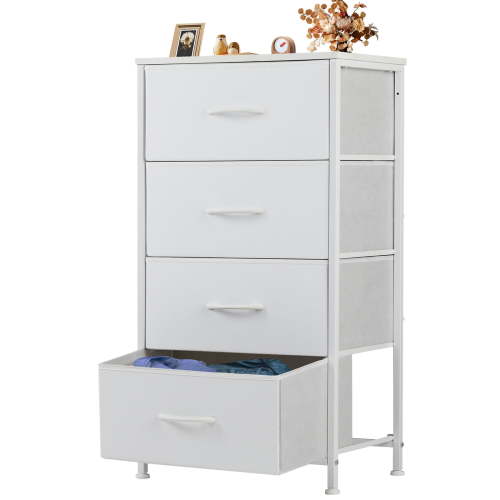 JIOABL 4 Drawer Chest Organizer with Fabric Bins, Dresser for Bedroom, Tall Steel Frame, White