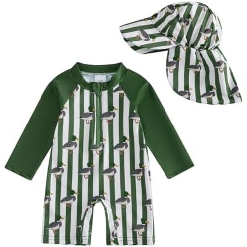 Lucikamy Toddler Baby Boy Girls One Piece Swimsuit Long Sleeve Zipper Bathing Suit with Hat Infant Rash Guard Swimwear