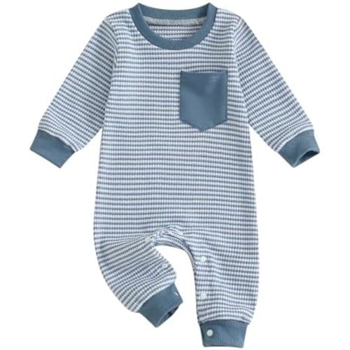 VISGOGO Newborn Infant Baby Boy Waffle Cotton Romper Clothes Onesie Stripe Jumpsuit 0 3 6 12 18 Months Long Sleeve Outfits