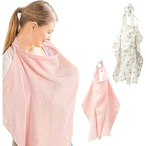 2 Pcs Nursing Cover, Breathable Cotton Breastfeeding Cover for Mom, Full Coverage Car Seat Nursing Scarf for Babies, Thin Lightweight Nursing Apron for Women Outdoor Public Area (Pink + Floral)