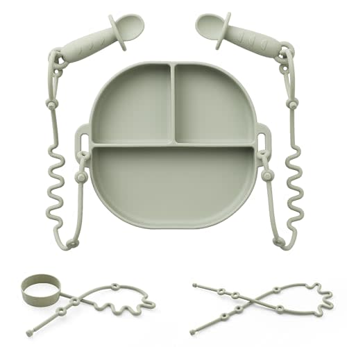 Andy Bear Silicone Plates for Babies with Suction Divided Baby Spoons Silicone Baby Toy Straps All-in-one Plates Silicone Placemat for Babies Toddlers Attachable Tethers & Built-in Suction Cups-Sage