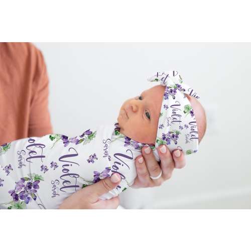 Violet Flowers Swaddle Set, Violet Flowers Swaddle, Personalized Baby Blanket, Purple Violet Blanket, Violet Baby Shower Gift F72