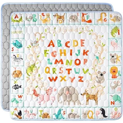 Machine-Washable 50x50 Baby Play Mat with Vibrant Patterns, Foldable Thick Cushioned Play Area and Non-Slip Base for Indoor/Outdoor Use, Hypoallergenic and Safe for Baby (Alphabet)