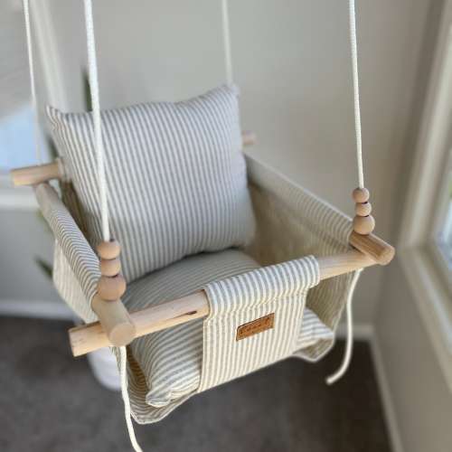 Baby Swing | Greige Cream Stripe Fabric | Indoor Swing for Babies & Toddlers | Minimalist Nursery Decor | Baby Shower Gift