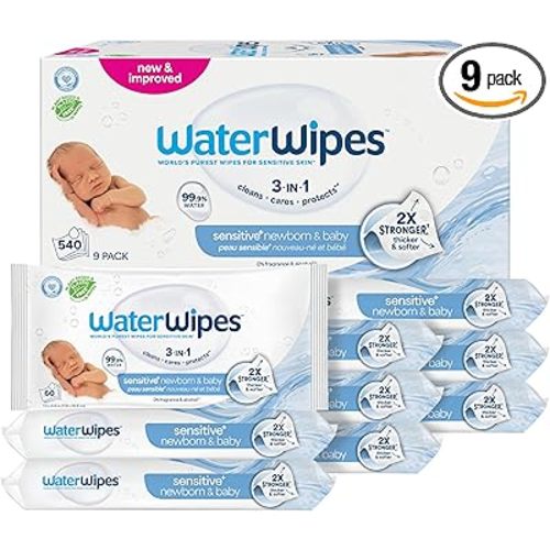 WaterWipes Sensitive+ Newborn & Baby Wipes, 3-In-1 Cleans, Cares, Protects, 99.9% Water, Unscented & Hypoallergenic, 540 Count (9 Packs)