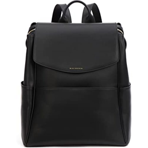Leather Diaper Bag Backpack with USB Charging port, Changing Pad, Stroller Straps, and Bottle Holder (Black Olivia)