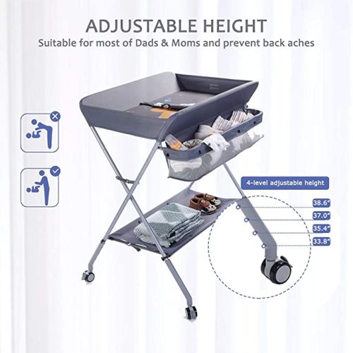 EGREE Baby Portable Folding Diaper Changing Station with Wheels, Adjustable Height Mobile Nursery Organizer with Safety Belt & Large Storage Racks, Newborns & Infant, Gray 1 Count (Pack of 1) - Grey