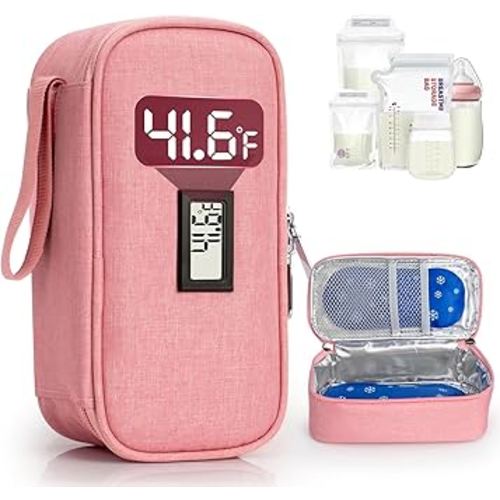 Breast Milk Cooler Travel Bag, Real-Time Temperature Display, Holds 4-6 Breastmilk Storage Bag with 2 Breast Milk Ice Pack, Cooling & Waterproof Portable Cooler for Moms on The Go(Pink)
