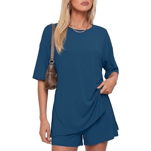 Darong Women's 2 Piece Lounge Set Short Sleeve Boxy T-shirt & Shorts Comfywear Summer Pajama Set Loungewear Set