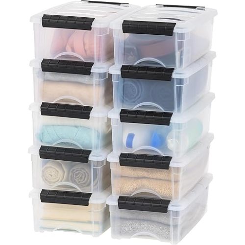 IRIS USA 6 Qt Stackable Plastic Storage Bins with Lids, 10 Pack - BPA-Free, Made in USA - See-Through Organizing Solution, Latches, Durable Nestable Containers, Secure Pull Handle - Clear/Black
