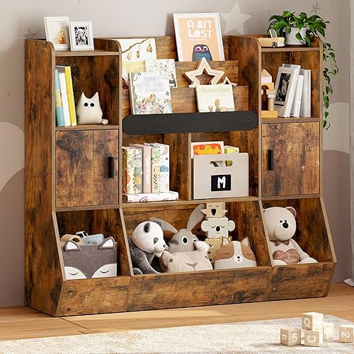 Kids Bookshelf, Kids Toy Storage Organizer, 3-Tier Toy Storage Cabinet with Shelves, Toy Organizer Shelf, Bookshelf for Kids, Playroom, Nursery, Toddler Room, Rustic