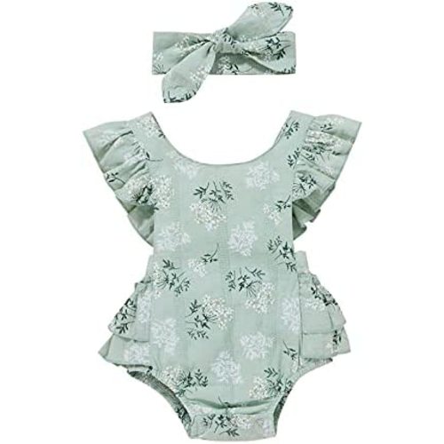 Baby Girls Floral Cotton Leotard Romper Newborn Daisy Playsuits Ruffled Sleeve Onesie Infant Jumpsuit Clothes Headband