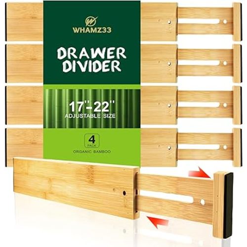 Kitchen Drawer Dividers, Adjustable Bamboo Drawer Organizer (17-22"), Expandable Utensil Organizer for Kitchen Storage, Closet, Dresser (4 Pack)