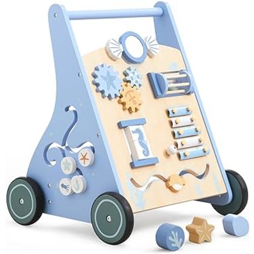 Beright Wooden Baby Walker Push and Pull Learning Activity Walker Kids’ Activity Toy Multiple Activities Center Develops Motor Skills & Stimulates Creativity, Blue