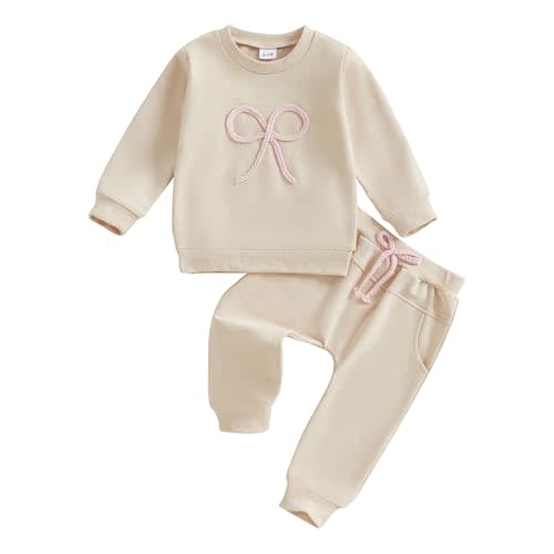 KtwHarnu Infant Toddler Baby Girl Fall Outfit Bow Long Sleeve Crewneck Pullover Sweatshirt Top and Pants Set 2Pcs Clothes Set