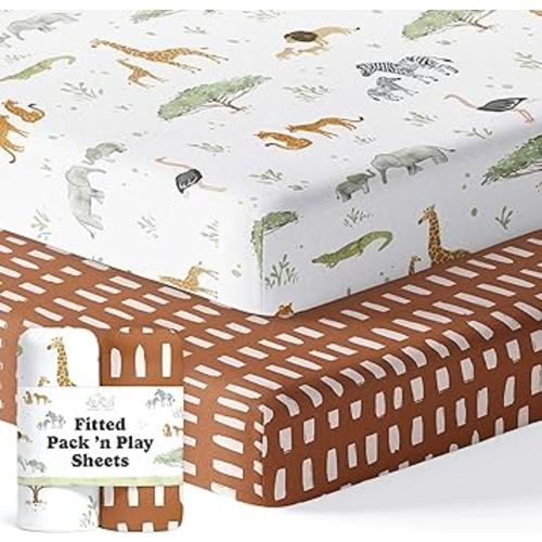 Pack and Play Sheets Fitted, Mini Crib Sheets for Graco Pack N Play Playard (38x26), Ultra Soft Organic Cotton Blend, Safe & Snug Playpen Mattress Sheet for Baby Boys & Girls, Safari Adventure, 2-Pack