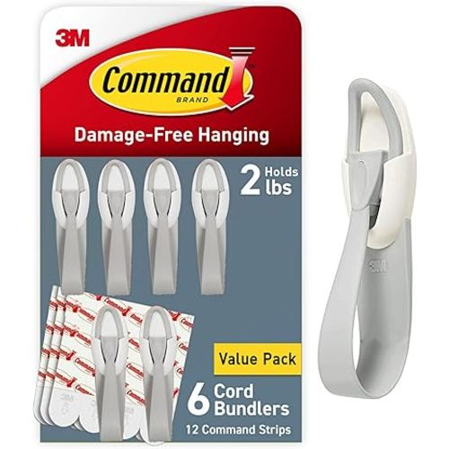 Command Cord Bundlers, Plastic, Damage-Free Hanging Cord Organizer, No Tools Bundler for Hanging Electrical Cables, 6 Gray Bundlers and 12 Strips