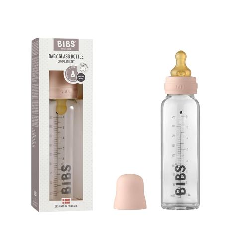 BIBS Baby Glass Bottle Complete Set 225 ml | BPA Free Natural Rubber | Made in Denmark | Blush