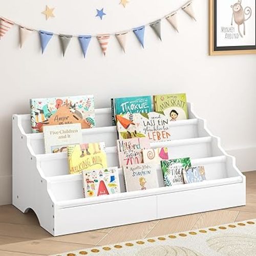 ELYKEN Toddler Bookshelf for Kids Rooms, Nursery Book Shelves with Open Forward Display, Montessori Book shelf for Baby Room, Small Children Classroom Books Rack Storage, Reading Corner for Kid, White