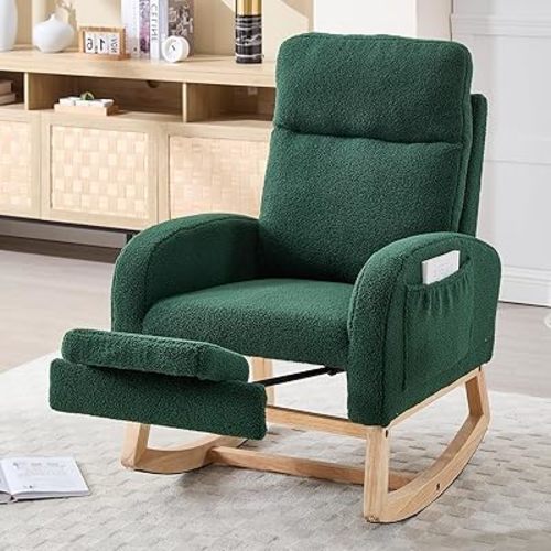 NIOIIKIT Oversized Nursery Rocking Chair, Teddy Upholstered Glider Chair with Footrest, Large Glider Rocker with Side Pocket, Rocking Accent Chair, Glider Recliner for Living Room (Green Teddy)