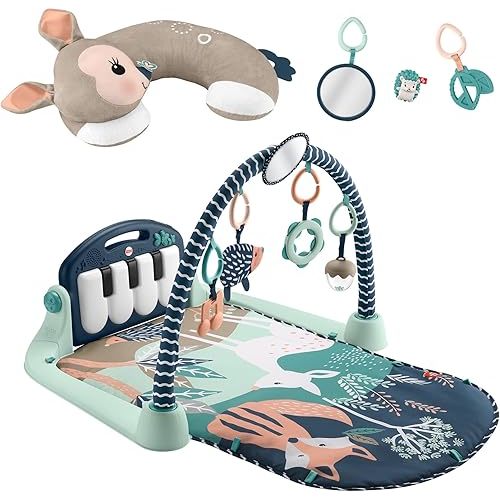 Fisher-Price Tummy Time Fawn Wedge + Baby Gym Newborn Playmat with Kick & Play Piano Musical Toy and Tummy-Time Toys, Navy Fawn [Amazon Exclusive]
