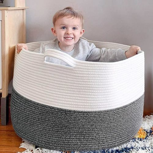 Goodpick Big Blanket Basket, 105L Baby Toy Storage Basket in Nursery Room, Oversized Laundry Basket for Clothes, Large Toy Storage Bin, Rope Basket Organizer for Blanket, Pillow, 23.6 x 14.2 inches - Dark Grey