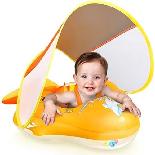 No Flip Over Baby Pool Float with Canopy UPF50+ Sun Protection, Inflatable Baby Float with Sponge Safety Support Bottom, Fun Gifts Water Toys Accessories Baby Swim Floats for Pool 3-36 Months