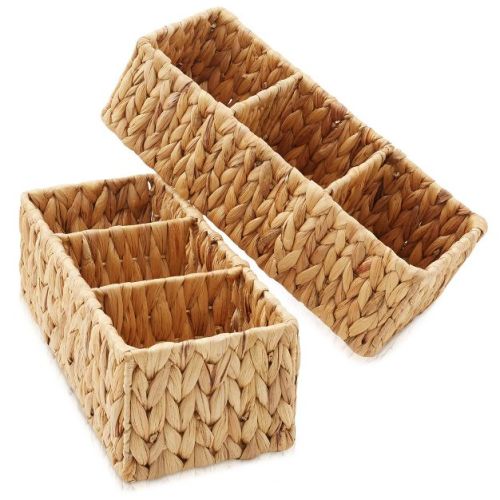 Casafield Set of 2 Water Hyacinth Storage Baskets with 3 Sections, Natural - Woven Organizer Bins for Bathroom, Laundry, Pantry, Office, Shelves