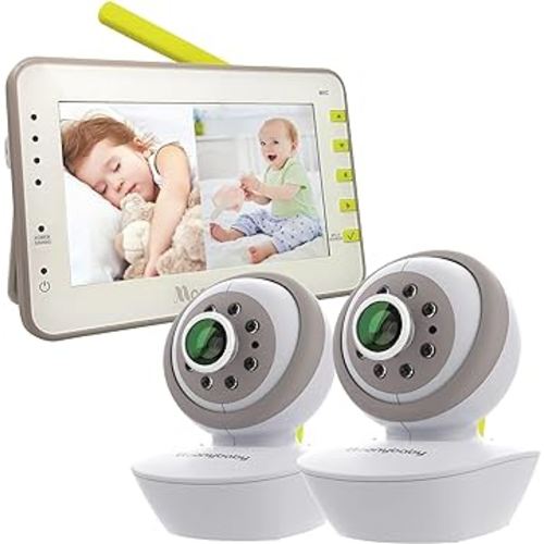 Moonybaby Split 55 Baby Monitor with 2 Cameras, Split Screen Video, No WiFi Pan Tilt Camera, Wide View Lens Included, 4.3 inches Large Monitor, Night Vision, Temperature, 2 Way Talk Back, Long Range