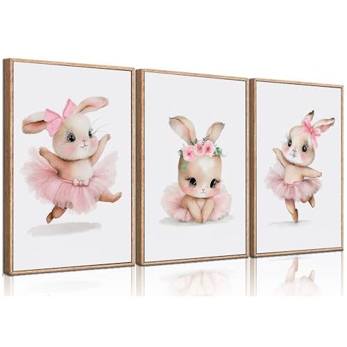 3 Pcs Pink Bunny Wall Art for Nursery Baby Room Cute Posters Prints Wall Decor Pictures Pink Preppy Dress Rabbit Ballet Artwork Canvas Paintings for Girls Room Bedroom Hone Decoration Unframed