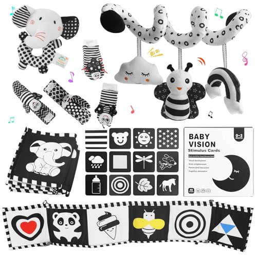 VIESMUMU High Contrast Baby Toys for Newborn, Black and White Baby Toys, Newborn Toys 3 Months Brain Development with Car Seat Toys Hanging Rattle Toys (Classic Edition)