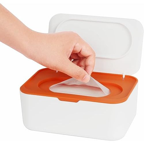 Wipes Dispenser, Wipe Holder for Baby & Adult, Seposeve Refillable Wipe Container, Keeps Wipes Fresh, One-Handed Operation. Non-Slip, Easy Open/Close Wipes Pouch Case, Light Orange