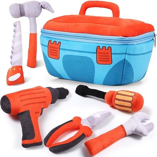 7 Pcs My 1st Toolbox Playset Stuffed Construction Tools Plush Toy Including Drill, Screwdriver, Handsaw, Hammer, Wrench, Plier and Zippered Tool Box for Toddlers Kids Christmas Birthday Party Favor