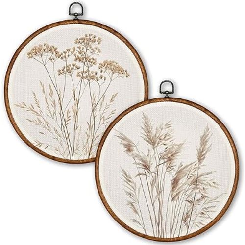 TLESKE Beige Rustic Fall Botanical Round Wall Art Decor Set of 2, Boho Wildflower Floral Framed Canvas Prints Wall Art Artwork, Neutral Vintage Farmhouse Hanging Decor for Bedroom Living Room 10x10