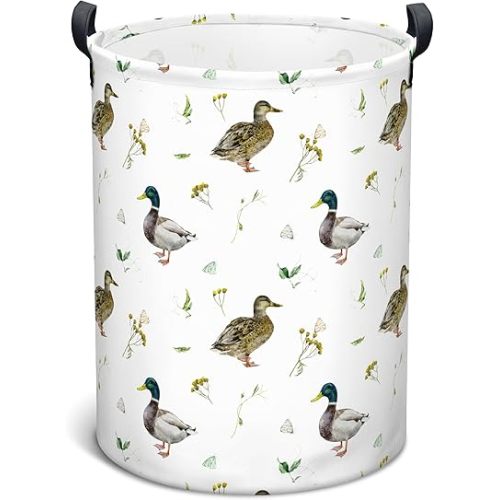 Mallard Duck Laundry Basket, Collapsible Waterproof Oxford Cloth Laundry Hamper, Funny Round Kids Toys Storage Basket as Room Decor, Cute Duck Dirty Clothes Hamper for Bedroom Bathroom Dorm (Brown)
