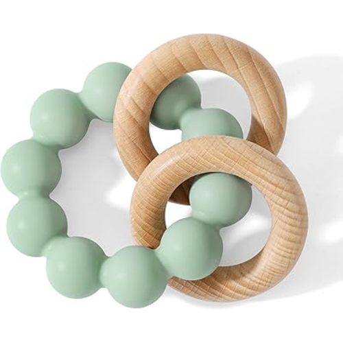 Socub Baby Teething Toys for 0-6 6-12 Months- BPA-Free Food-Grade Silicone & Natural Beech Wood Teether Ring for Newborn Infants Teething Relief- Easy-Grip Sensory Rattle Toys(Cambridge Blue)