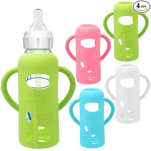 4 Pack Silicone Sleeves for Dr. Brown's Glass Baby Bottles - Drop Protection Baby Bottle Sleeves,Compatible with Dr. Brown's Newborn Glass Bottles,with Silicone Handles,8 oz
