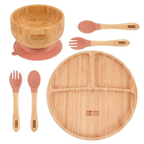 6PCS Bamboo Baby Feeding Set, Baby Suction Bowl & Plate with Silicone Spoons & Forks, Wooden Feeding Supplies for Infant & Toddlers, Baby Led Weaning Supplies Non Slip & BPA Free (Orange-Round)