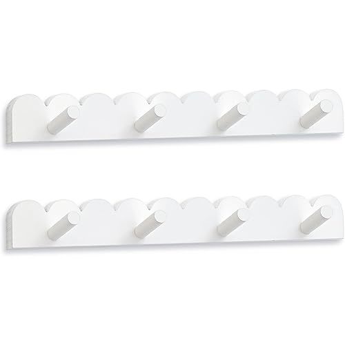Leinuosen 2 Pack Scalloped Coat Rack Wall Mount Cute Nursery Wall Hook 16 Inch 8 Hooks Wood Backpack Hanger for Toddler Kids Clothes Hat Towel Keys Bathroom Classroom Playroom Nursery Decor