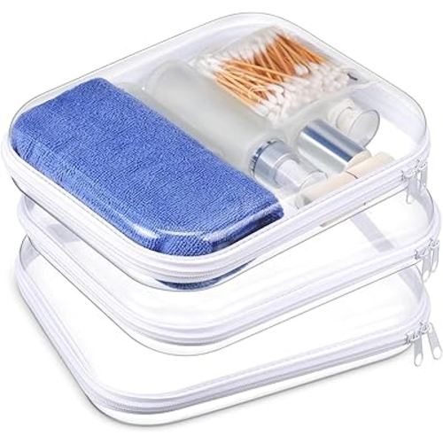 Hoolerry 3 Pcs Clear Hard Zipper Case Plastic Pouch Transparent Hard Case Clear Makeup Bag Portable Travel Organizer Bin for Cosmetics, Building Blocks, Puzzles(White,M)