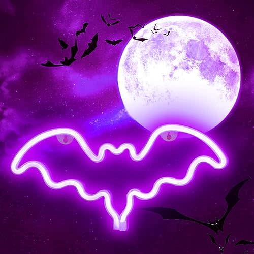 LED Neon Bat Signs Halloween Decor, Purple Bat Shape Neon Lights Gothic Battery Operated Desk Table Lamp for Bedroom, Bar, Wall, Coffin Decor-Bat(Purple)